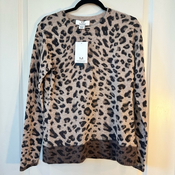 NEW Magaschoni Cashmere Leopard Print Brown & Black Crew...